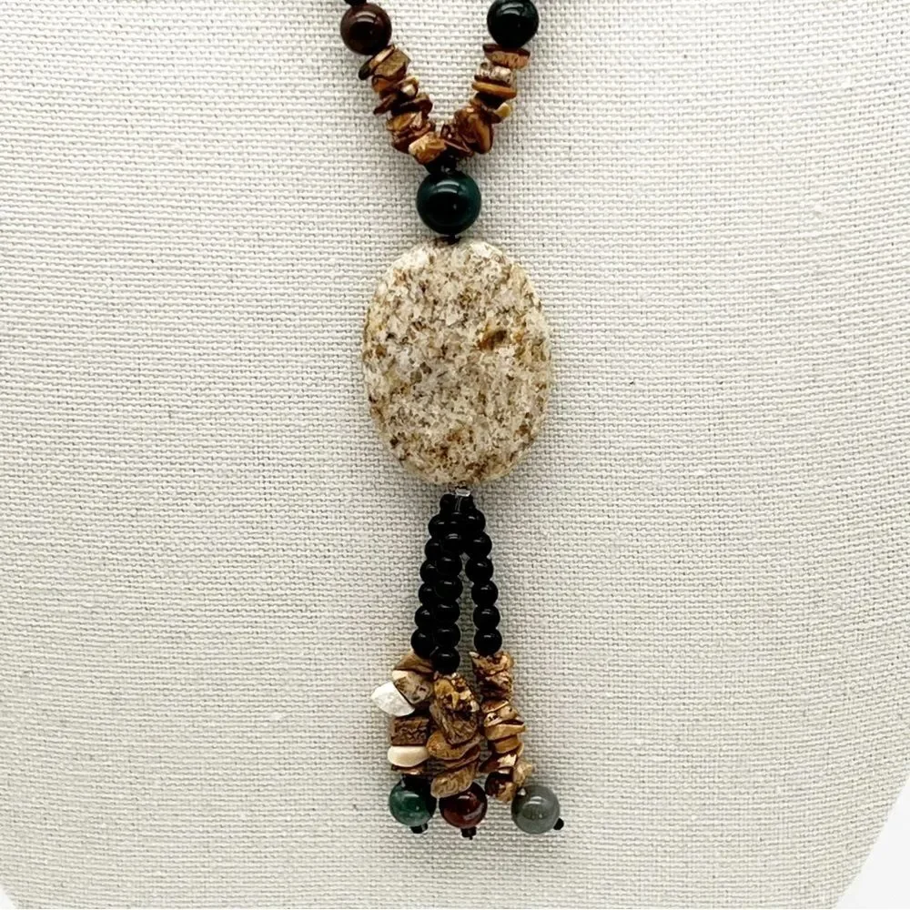 Natural Stone Round Bead Oval Pendant Chip Tassel Boho Fashion Necklace 34”
